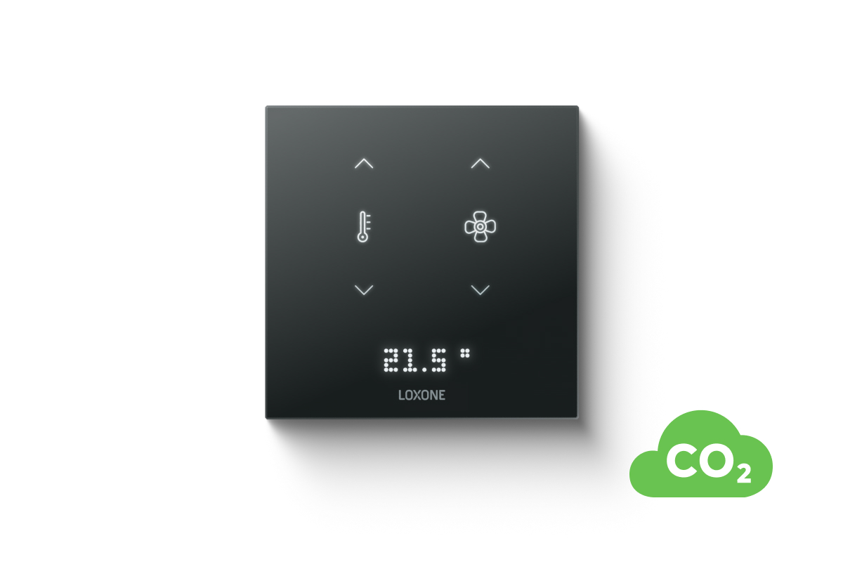 Loxone Raumklimasensor schwarz mit CO2-, Temperatur- und Lüf