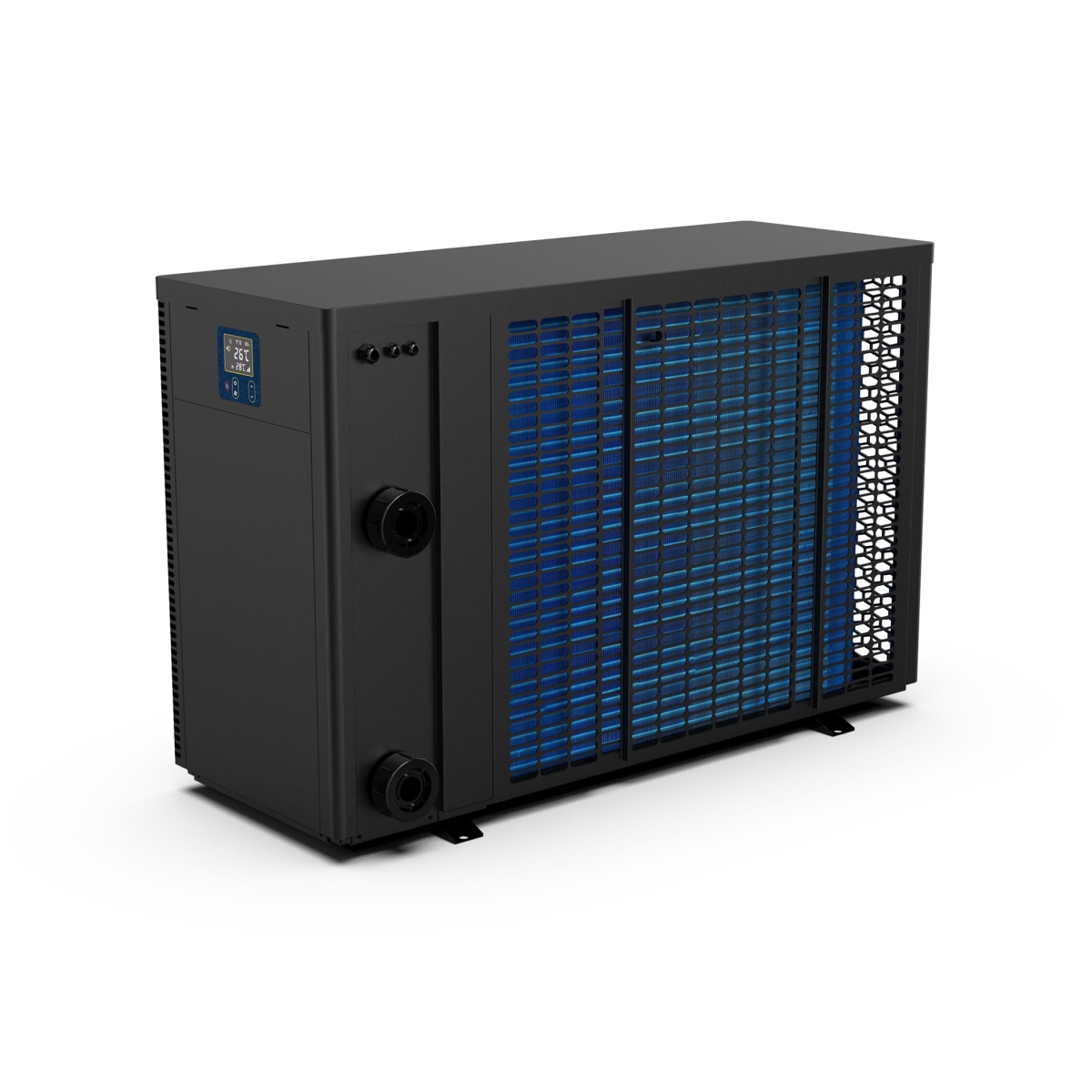 Seitenansicht einer schwarzen Pool-Wärmepumpe