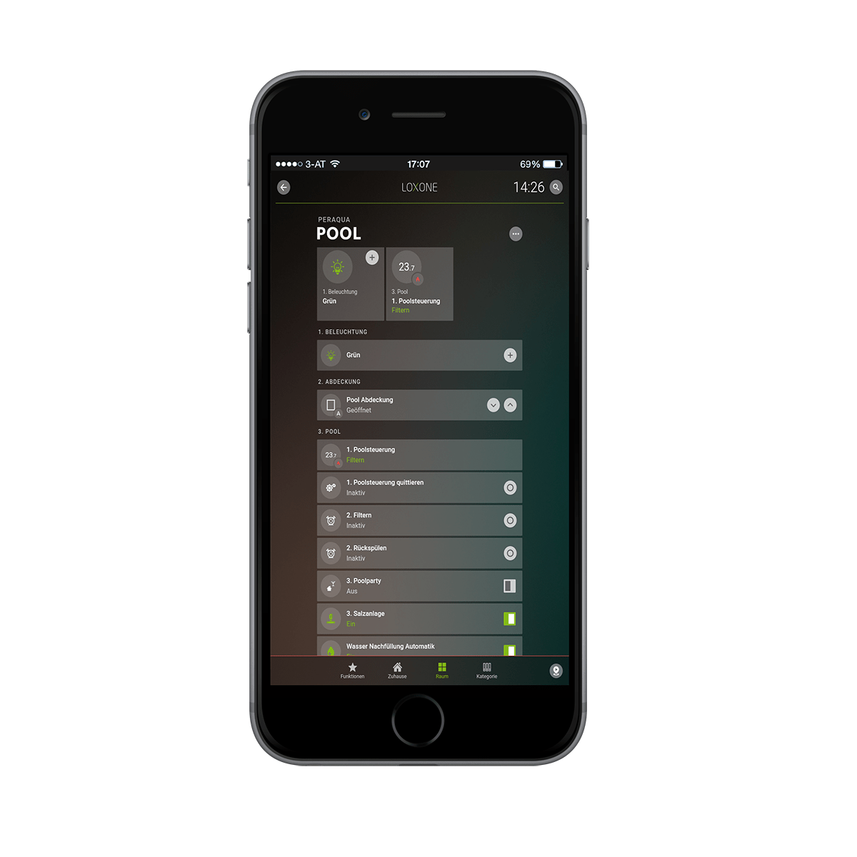 Smartphone mit Loxone Aquastar Air Poolsteuerung von Peraqua
